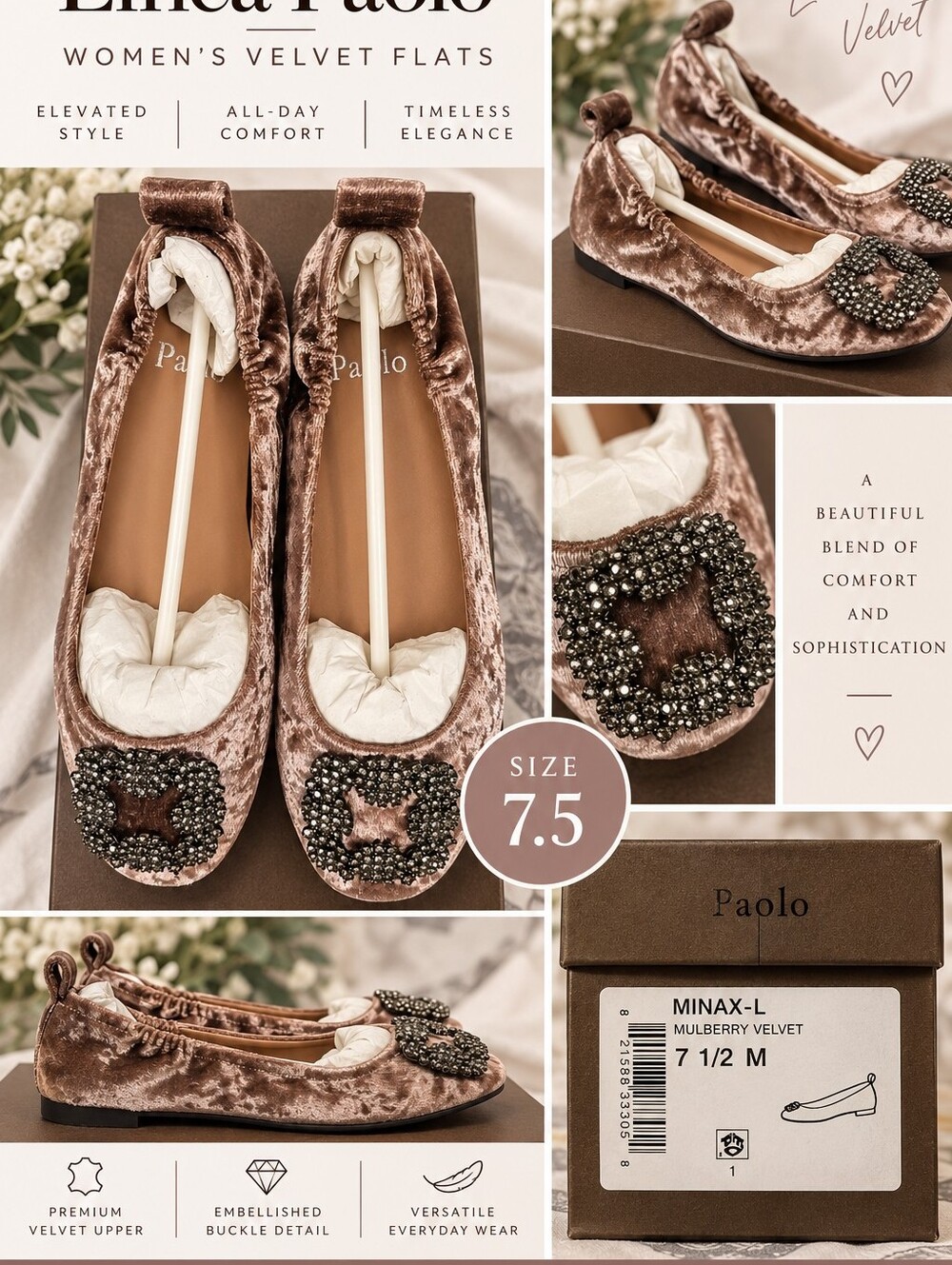 NIB Linea Paolo Mulberry Velvet Embellished Ballet Flats - Mulberry Brown
